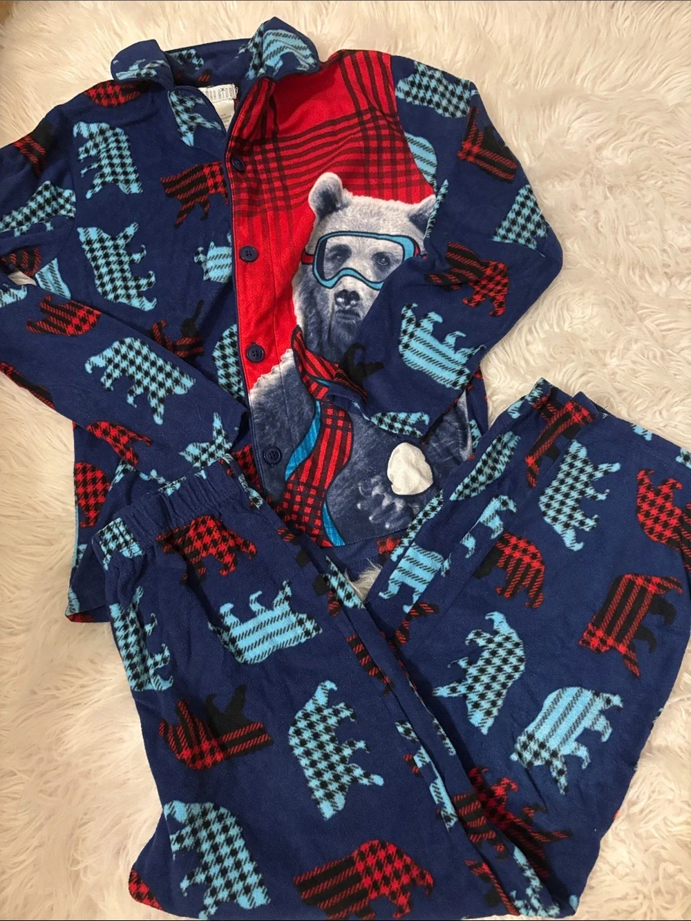 Komar Kids Navy Blue Bear Print Pajama Set with Red and Light Blue Accents
